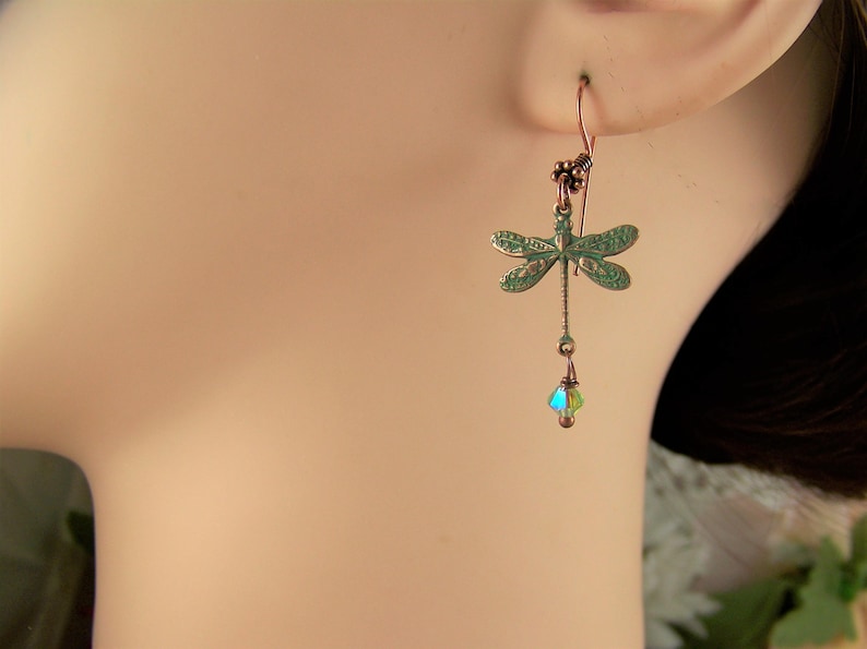 Verdigris Dragonfly Earrings, AB Crystal Dangle Earrings, Dragonfly earrings, Crystal Dragonflies, Damselflies, Copper Verdigris Earrings bild 4