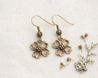 Dogwood Flower Earrings, Antique Gold Dogwood Earrings, Spring Flower Petal Earrings, Dogwood Earrings, Crown of Thorns
