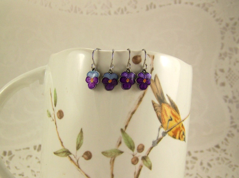 Pansy Earrings, Purple Pansies, Cloisonne Pansy Earrings, Pansy Petal Earrings, Pansy Flower Earrings, Hand Enameled Earrings image 5