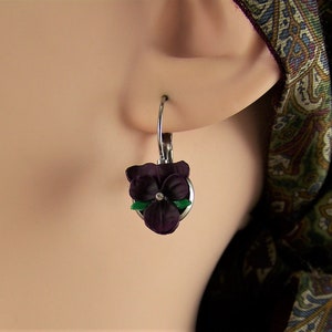 Violet Flower Earrings, Dark Purple Violet Earrings, Pansy Earrings, Violet Earrings, Purple Violet Flowers, Silver Violet Pierced Earrings image 6