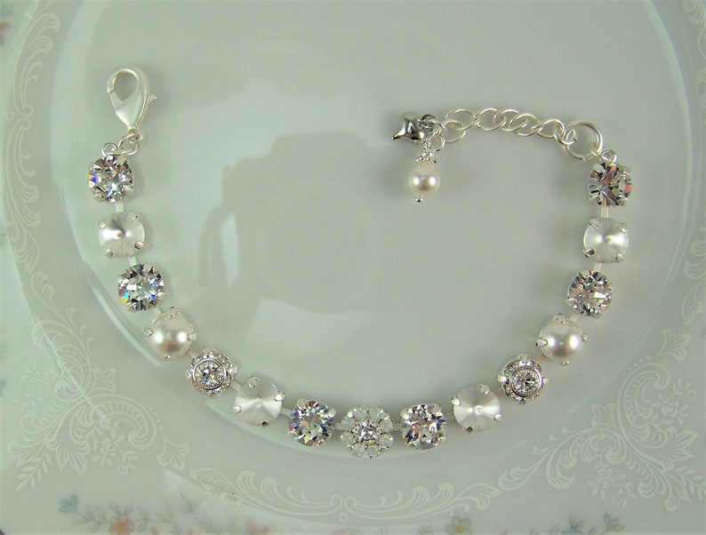 White Crystal Bracelet, White Pearl Bracelet, Crystal Opal, Austrian Crystal Bracelet, White Opal Flower Bridal Jewelry, 8mm Tennis Bracelet zdjęcie 10
