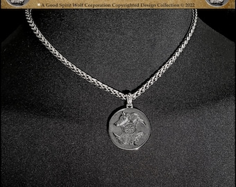 The Wolf and The Raven Medallion on Antique Silver Finish Stainless Steel Viking Braid Chain With Clasp Behind The Neck - Gift Boxed