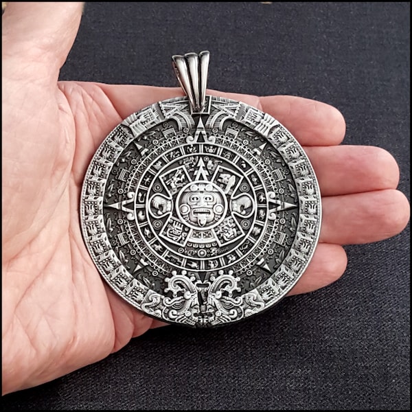 Large 3" 76mm Aztec Calendar Stone Pectoral Medallion Antique Silver Finish Medallion - Gift Boxed