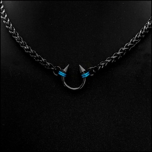 Devils&#39; Delight Turquoise Passion Discreet Day Collar w/Black Stainless Steel Wheat Braid Chain w/ Lobster Clasp Behind Neck, Made to Order
