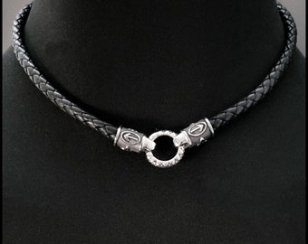 The Warrior's Collar/Necklace with 6mm Nappa Braided Leather with Front Connector Ring - No Clasp Behind Neck