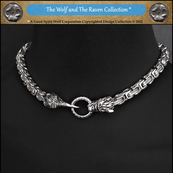 The Wolf and The Raven Polished Byzantine Design Chain Necklace with Front Connector Ring - Order With or Without Clasp Behind the Neck