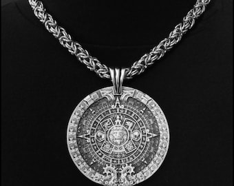 Huge 3&quot; 76mm Aztec Calendar Stone Pectoral Antique Silver Finish Medallion On 8mm Thick Polished Chainmaille Necklace