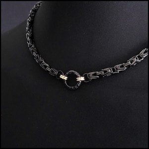 Black Finish Stainless Steel Byzantine Design Chain Day Collar w/Golden Finish Halo Rings Connecting to Center Spring Connector - Gift Boxed