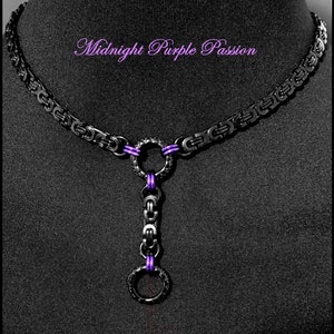 Midnight Purple Passion Discreet Day Collar and Drop Chain w/Black Stainless Steel Byzantine Chain & Lobster Clasp Behind Neck - Gift Boxed