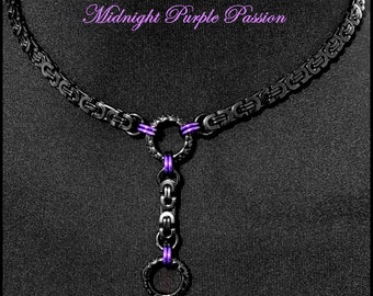 Midnight Purple Passion Discreet Day Collar and Drop Chain w/Black Stainless Steel Byzantine Chain & Lobster Clasp Behind Neck - Gift Boxed