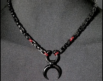 Warlock's Delight Fiery Passion Discreet Day Collar with Black Stainless Steel Byzantine Chain with Lobster Clasp Behind Neck