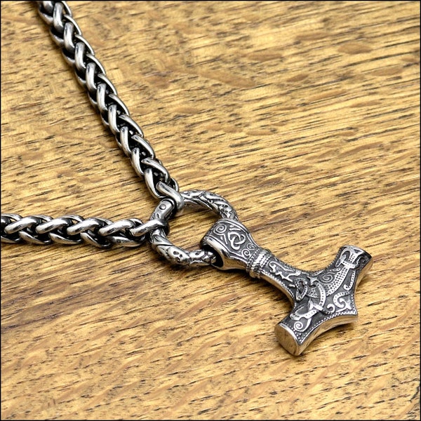 Beautifully Sculptured Thor's Hammer On Thick Antique Finish Viking Braid Chain Necklace w/ Embossed Design Connector Ring - Gift Boxe