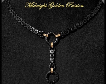 Midnight Golden Passion Discreet Day Collar and Drop Chain w/Black Stainless Steel Byzantine Chain & Lobster Clasp Behind Neck - Gift Boxed