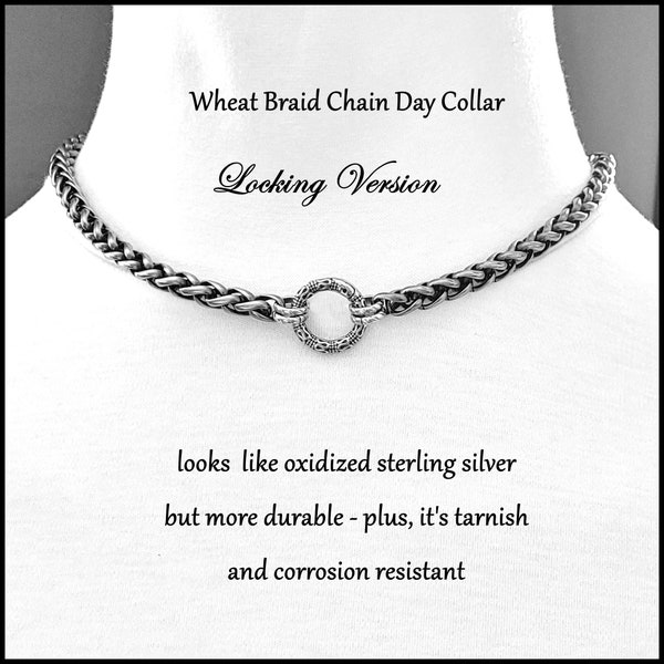 Locking Discreet Day Collar with Oxidized Silver Finish Stainless Steel Wheat Braid Chain W/Spring Ring Connector in Front