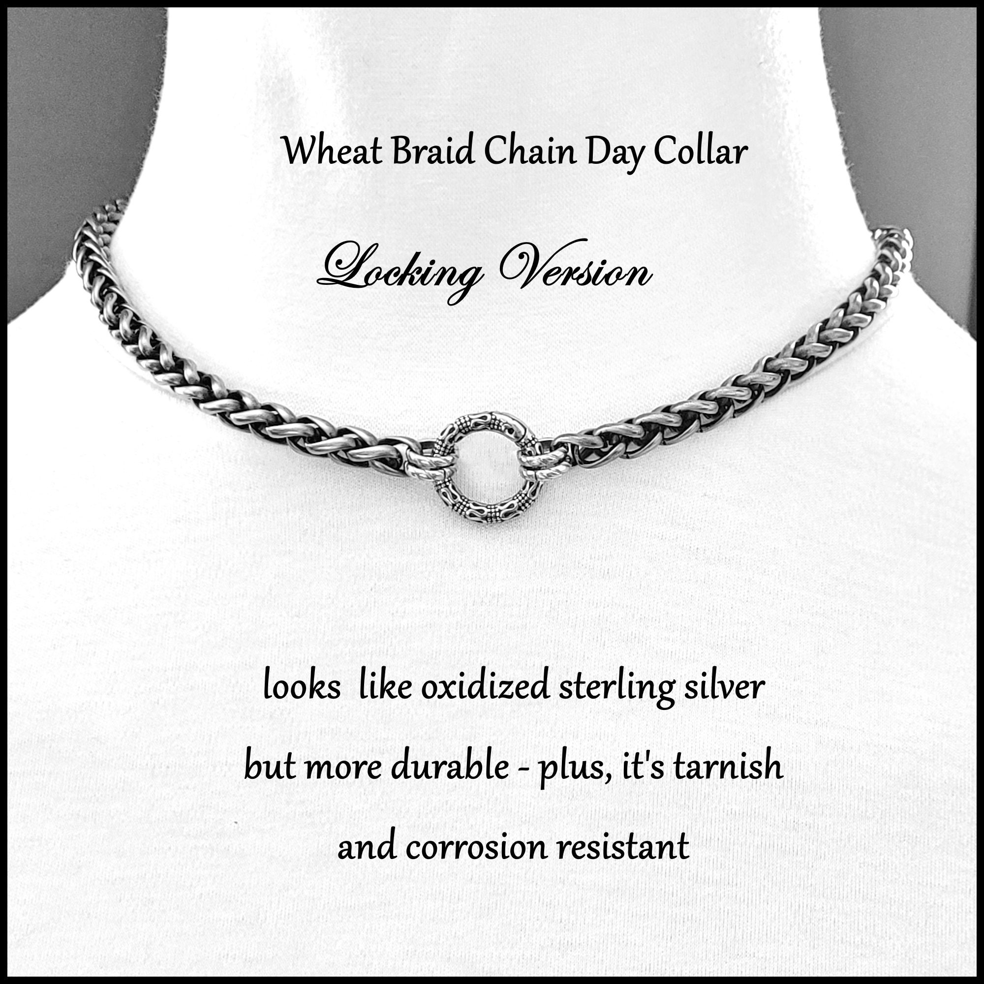 Wholesale Locking Day Collar Minimalist Gothic NO Closure Rhodium O Ring  Silver oxide Pure Plated Wheat style chain Choker Statement Play now  Necklace For Men Women Girl Gift Infinity light Choose size (