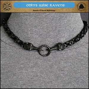 Odin's Wise Ravens Black 8mm Byzantine Chain Necklace w/Black Raven Heads & Front Connector Ring - Clasp Behind Neck Optional - Gift Boxed