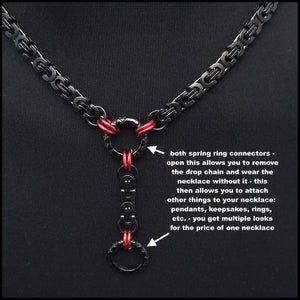 Midnight Fiery Passion Discreet Day Collar and Drop Chain w/Black Stainless Steel Byzantine Chain & Lobster Clasp Behind Neck Gift Boxed image 3