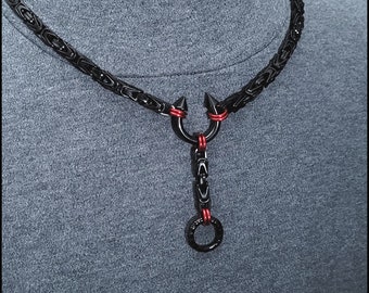 Devil's Delight Fiery Passion Discreet Day Collar and Drop Chain w/Black Stainless Steel Byzantine Chain with Lobster Clasp Behind Neck