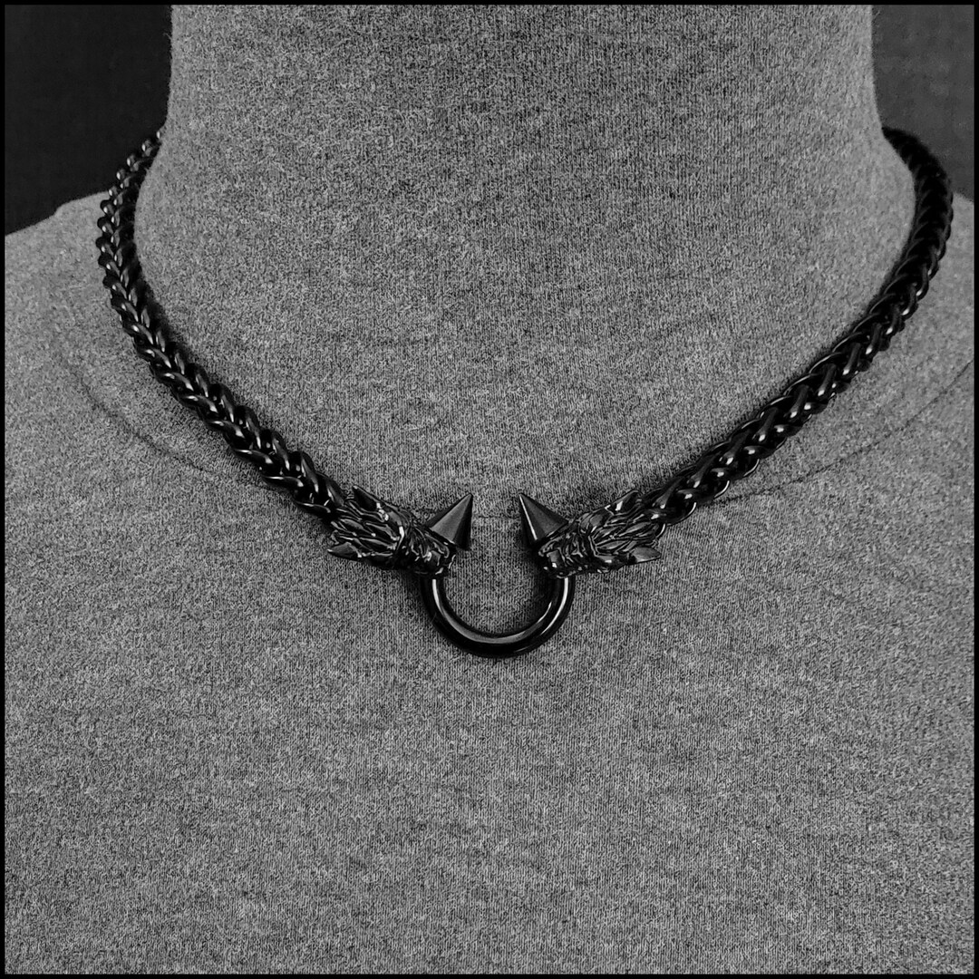 Black Hellhound Discreet Locking Day Collar, Black Viking Braid Chain