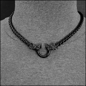Black Hellhound Discreet Day Collar, Black Viking Braid Chain, Spike Top Torque Connector, Lobster Clasp Behind Neck - Gift Boxed