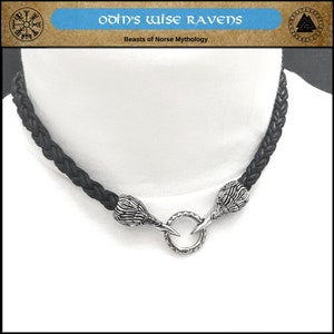Odin&#39;s Ravens in Antique Silver Finish on Tribal Braid Leather Cord Necklace with No Clasp Behind Neck - Gift Boxed