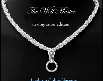 The Wolf Master - Sterling Silver Edition Locking Collar with Sterling Silver Wolf Head and 6.6mm Chainmaille Chain - Gift Boxed