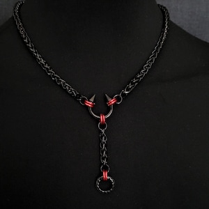 Devil's Delight Fiery Passion Discreet Day Collar and Drop Chain w/Black Stainless Steel Wheat Braid Chain with Lobster Clasp Behind Neck