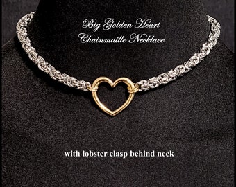 Big Golden Heart Chainmaille Day Collar with Lobster Clasp Behind Neck - All Stainless Steel - Gift Boxed