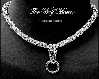 The Wolf Master Guardian Collar or Necklace with Thick 8mm Chainmaille Necklace with 2 Different Connector Rings and Clasp Behind Neck