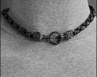The Wolf and The Raven Black Byzantine Chain Necklace with Front Connector Ring - Order With or Without Clasp Behind the Neck