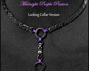 Midnight Purple Passion Locking Discreet Day Collar and Drop Chain w/Black Stainless Steel Byzantine Chain