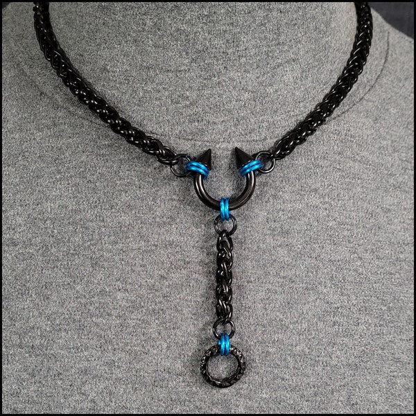 Devils' Delight Turquoise Passion Discreet Locking Day Collar and Drop Chain w/Black Stainless Steel Wheat Braid Chain, Made to Order