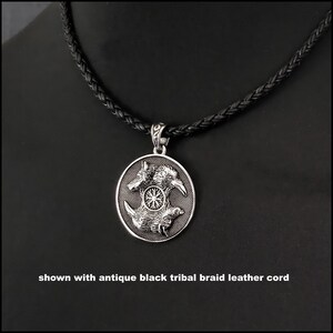 The Wolf and The Raven Medallion on Antique Tribal Braid Leather Cord With Clasp Behind The Neck - Gift Boxed