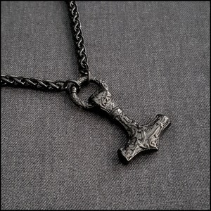 Black Viking Edition Beautifully Sculptured Thors Hammer On Thick Black Viking Braid Chain Necklace w/Black Embossed Design Connector