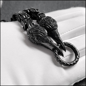 Odin's Wise Ravens Black Byzantine Chain Collar/Necklace with Black Raven Head Ends w/Lobster Clasp Behind the Neck and 2 Connector Rings
