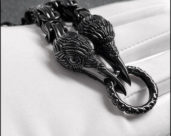 Odin's Wise Ravens Black Byzantine Chain Collar/Necklace with Black Raven Head Ends w/Lobster Clasp Behind the Neck and 2 Connector Rings