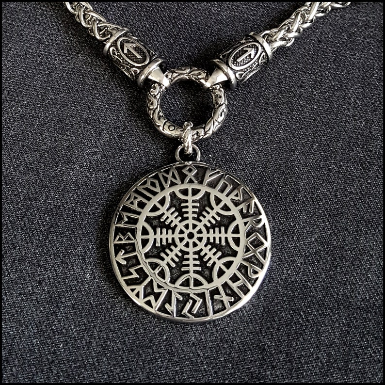 The Warrior/'s Necklace Featuring Bright Polished Viking Braid Chain wTiwaz Rune Ends With Viking Helm of Awe pendant Gift Boxed