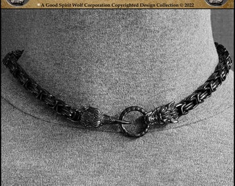 The Wolf and The Raven Black 8mm Byzantine Chain Necklace with Front Connector Ring - Clasp Behind the Neck is Optional - Gift Boxed