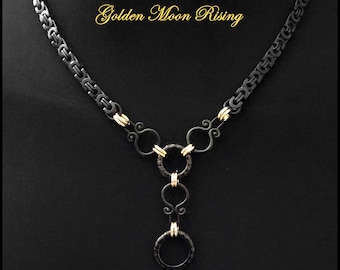 Golden Moon Rising Necklace with Flat Black Byzantine Chain and Geometric Shapes w/Removable Matching Drop Chain - Lobster Clasp Behind Neck