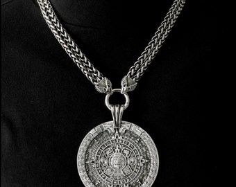 Huge 3&quot; 76mm Aztec Calendar Stone Pectoral Antique Silver Finish Medallion On Eagle Wings End Double Strand Antique Braided Chain
