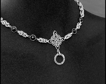 Fiery Passion Witches Knot Necklace With 4 AAA Grade Rose Cut Black Spinels on Luxurious Chainmaille Necklace - Gift Boxed Chain