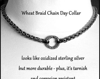 Discreet Day Collar with Oxidized Silver Finish Stainless Steel Wheat Braid Chain With Spring Ring Connector in Front - Gift Boxed