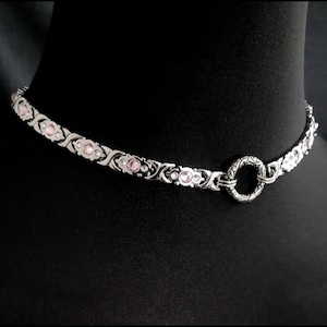 Fiery Passion Discreet Day Collar W/Byzantine Design Chainmaille and Solid Ribbon Link Necklace With Light Rose and Clear Faceted Crystals