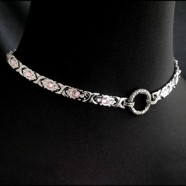 Fiery Passion Discreet Day Collar W/Byzantine Design Chainmaille and Solid Ribbon Link Necklace With Light Rose and Clear Faceted Crystals