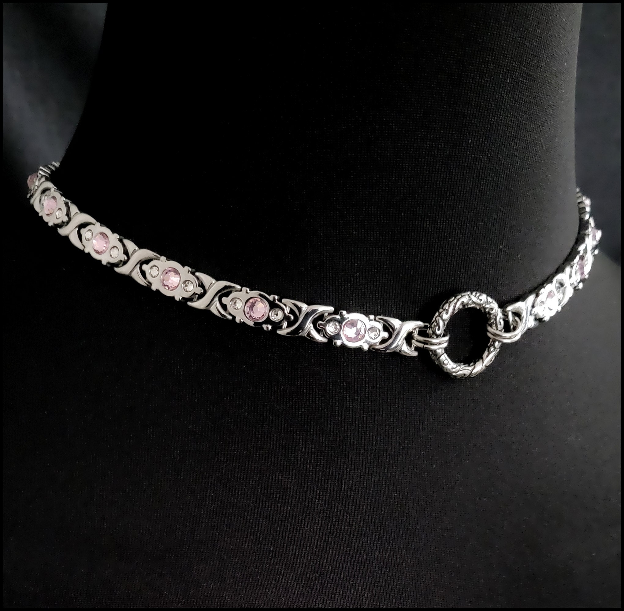 Fiery Passion Discreet Day Collar W/Byzantine Design Chainmaille and Solid Ribbon Link Necklace With Light Rose and Clear Faceted Crystals