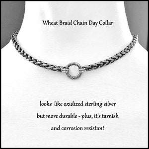 Discreet Day Collar with Oxidized Silver Finish Stainless Steel Wheat Braid Chain with Spring Ring Connector in Front, No Clasp Behind Neck