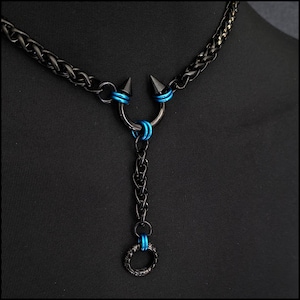 Devils' Delight Turquoise Passion Discreet Day Collar w/Black Stainless Steel Wheat Braid Chain & Drop Chain w/Lobster Clasp Behind Neck