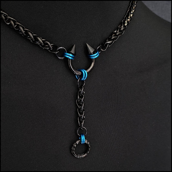 Devils' Delight Turquoise Passion Discreet Day Collar w/Black Stainless Steel Wheat Braid Chain & Drop Chain w/Lobster Clasp Behind Neck