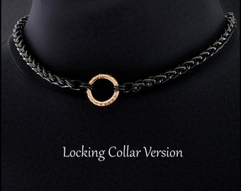 Black Finish Stainless Steel Wheat Braid Design Locking Collar with Gold Finish Connector Ring