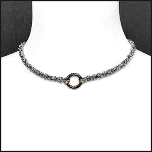 Locking Chainmaille Day Collar with Beautiful Embossed Ancient Design Connector Ring with Hex Lock Behind Neck - Gift Boxed